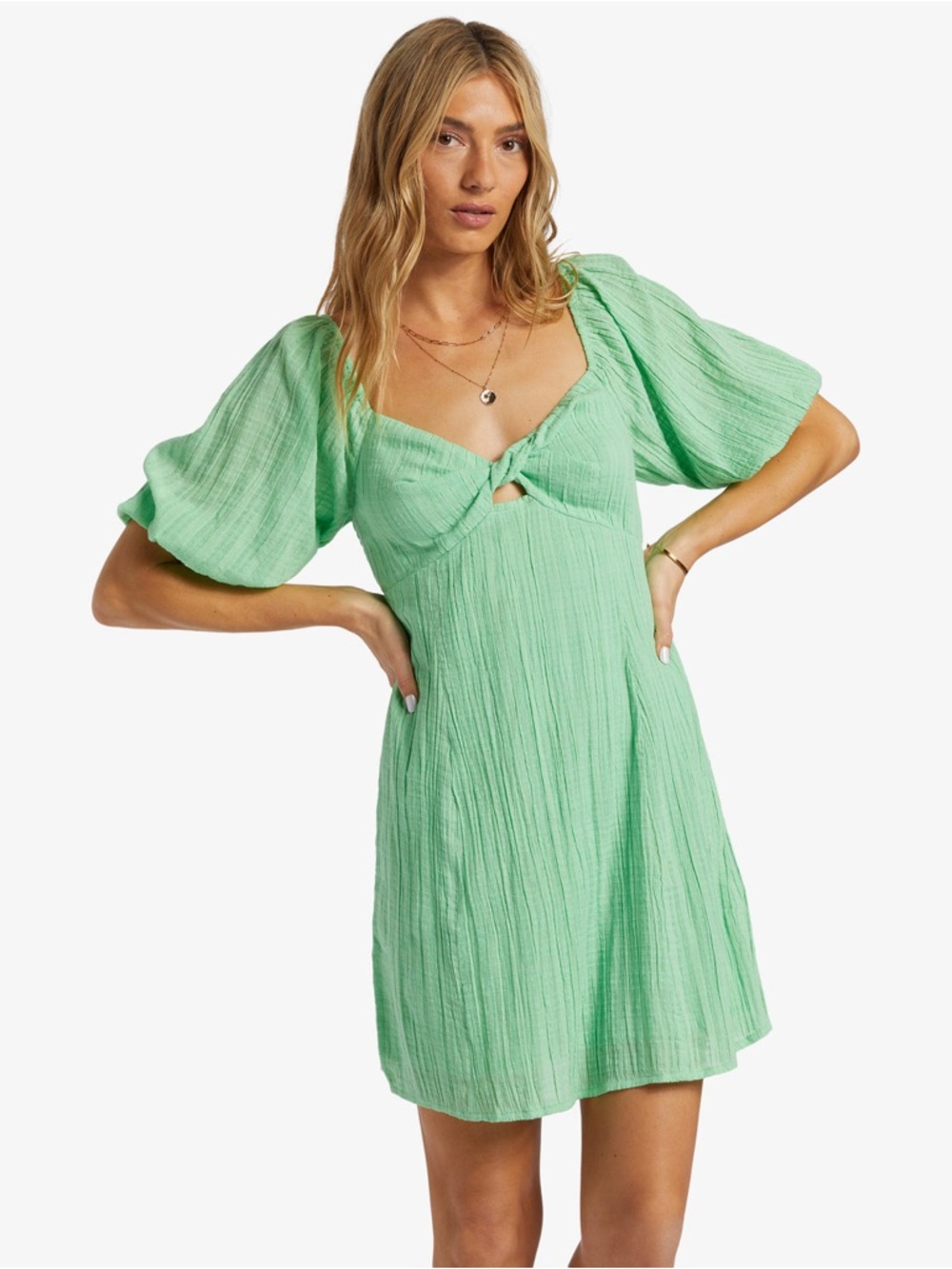Billabong Sol Puff Sleeve Twist Front Green Mini Dress Fit & Flare – Small - Picture 2 of 10